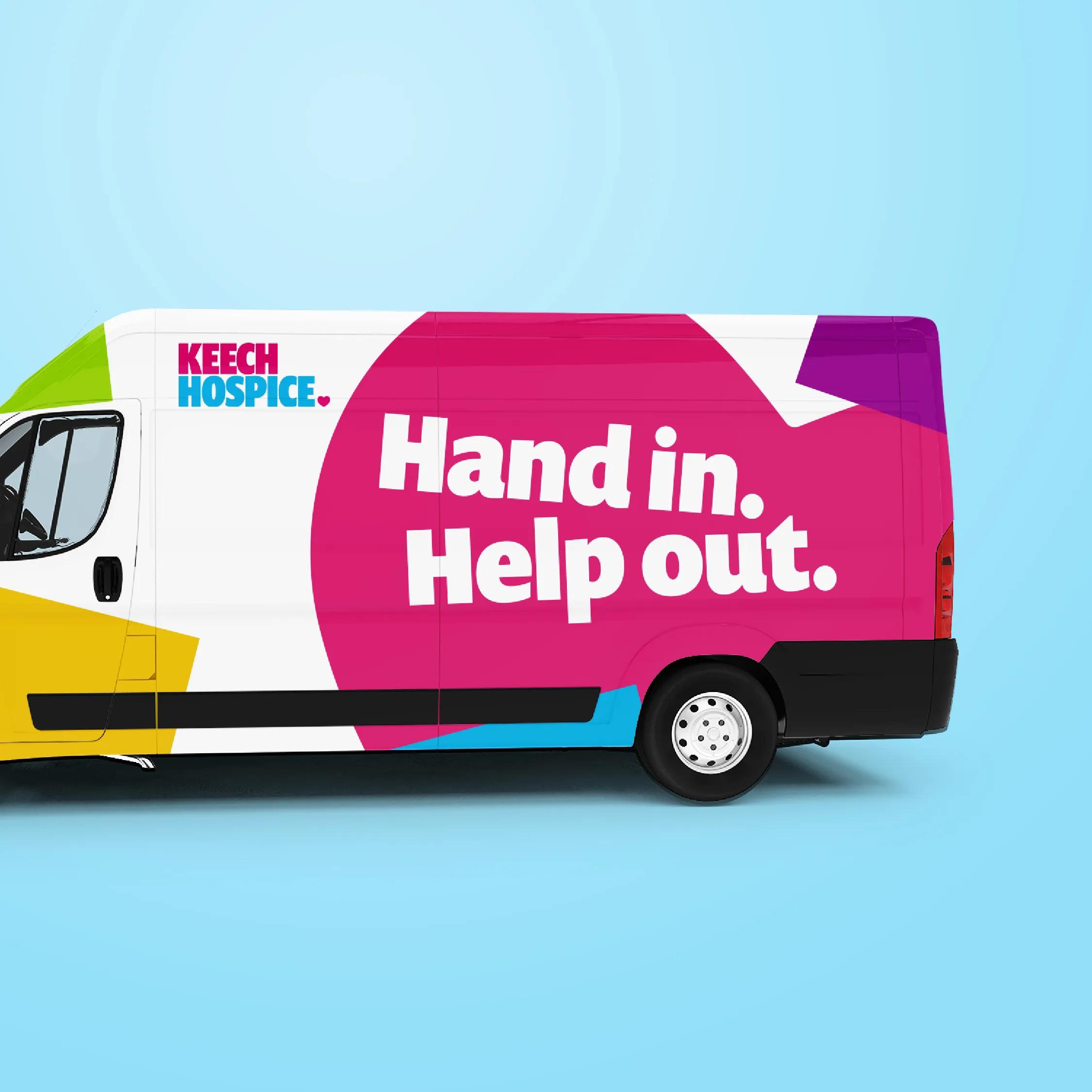 Keech Hospice van with the caption 'hand in. help out.'