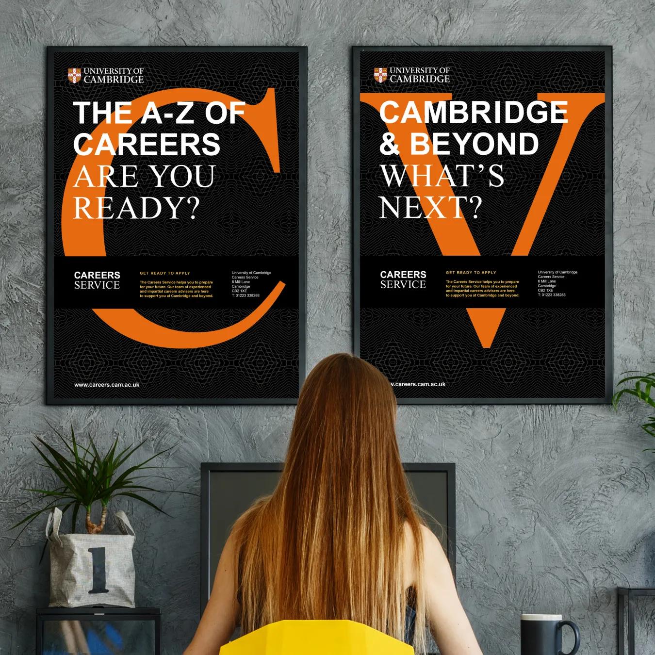 Two poosters above a computer advertising the careers service