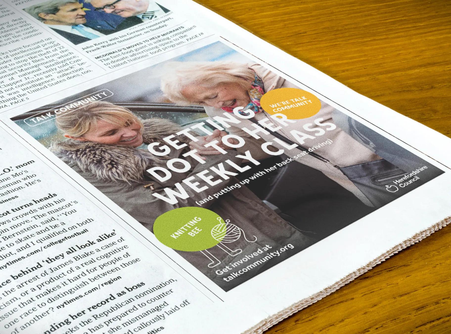 Newspaper advertisement with the caption 'getting dot to her weekly class'