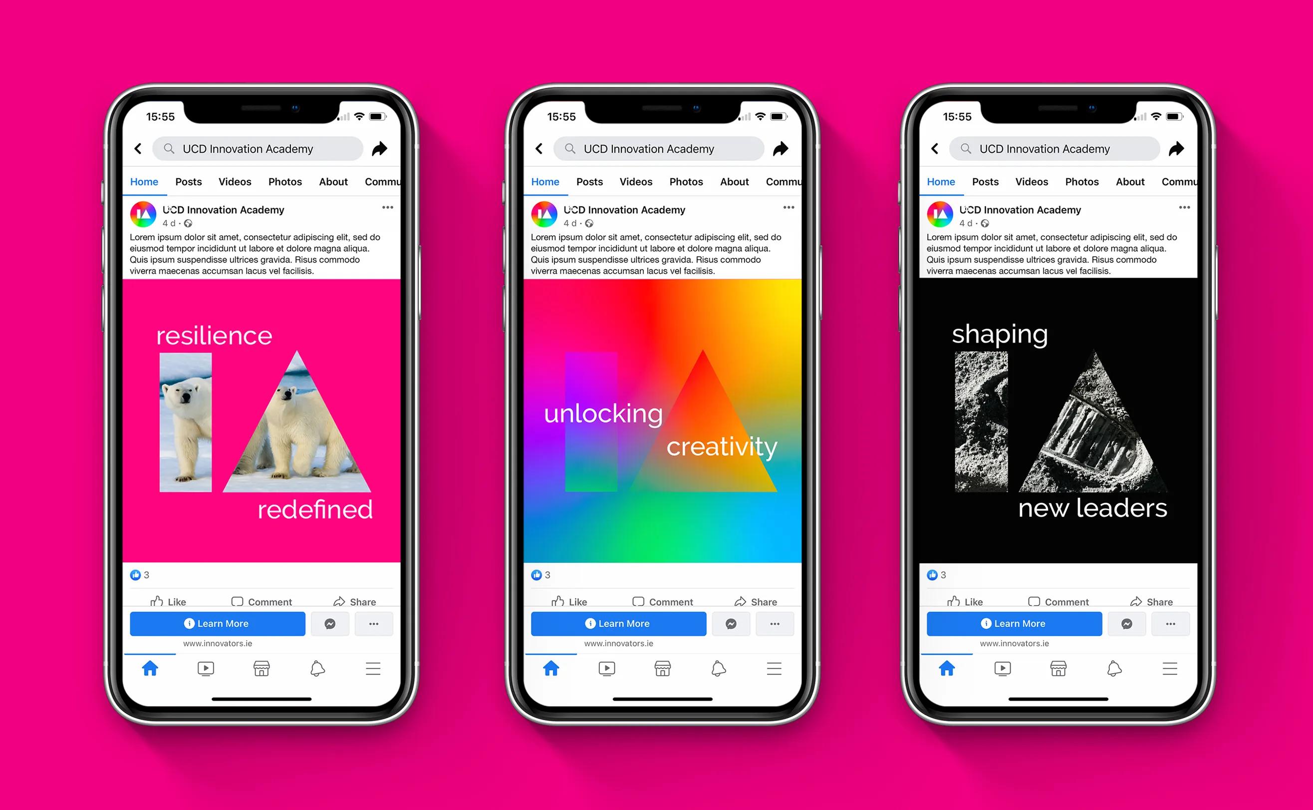 IA social posts displayed on three phones