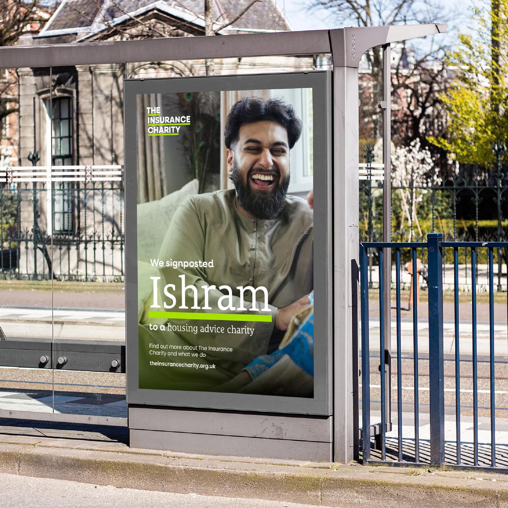 Bus advertisement showing a man laughing
