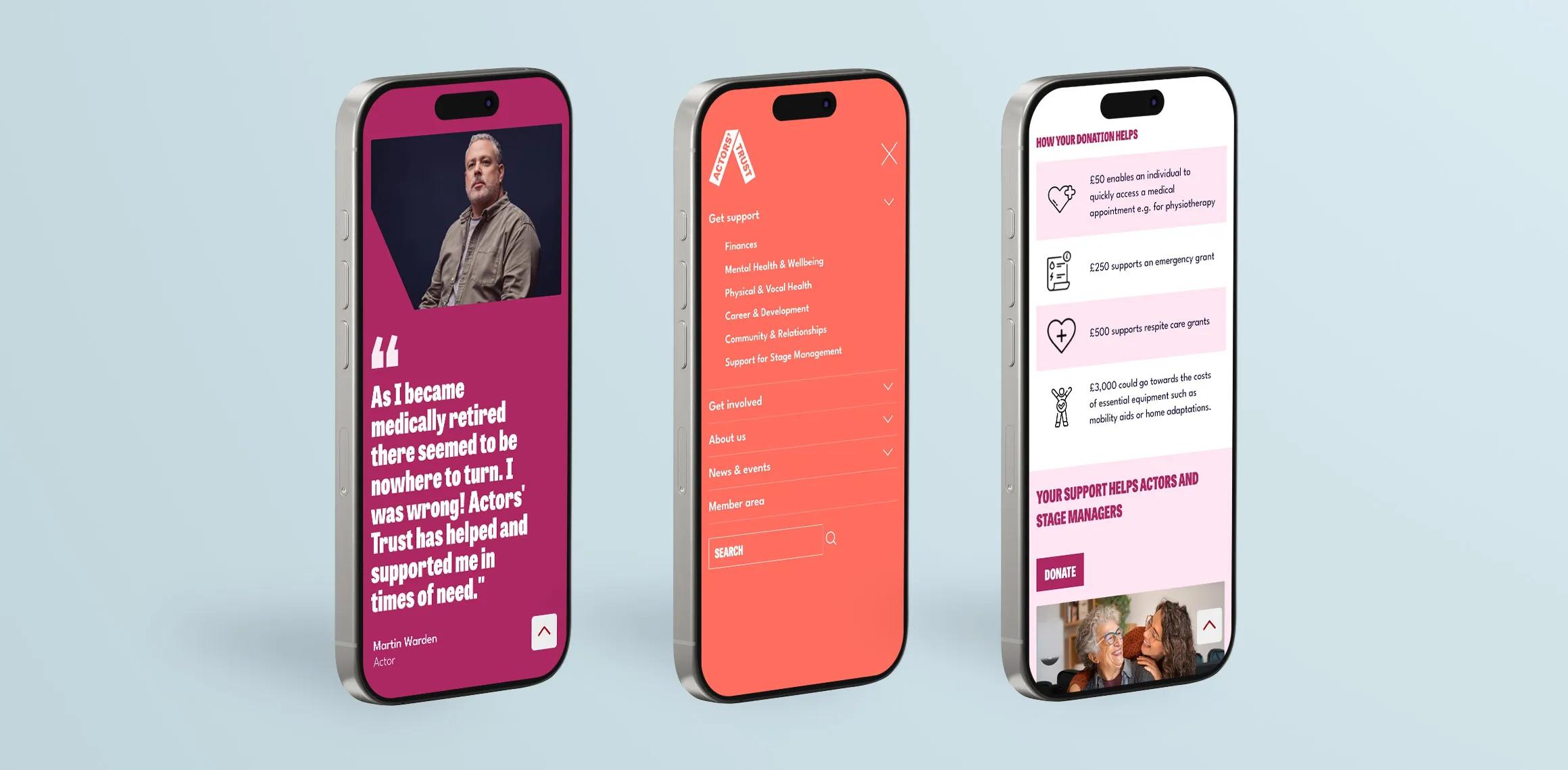 Actors Trust website displayed on three iphones