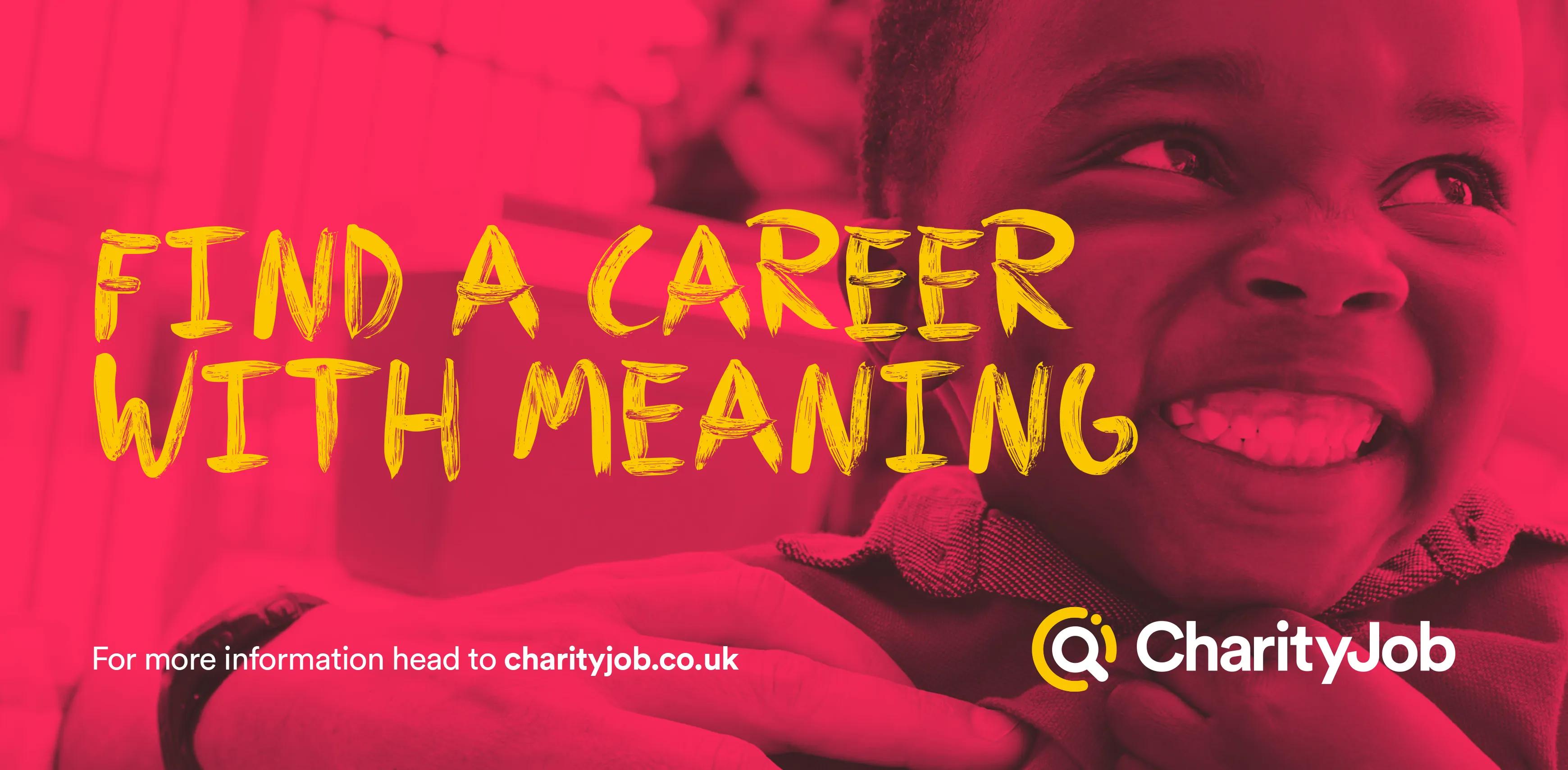 A design with a child smiling with the caption 'find a career with meaning'