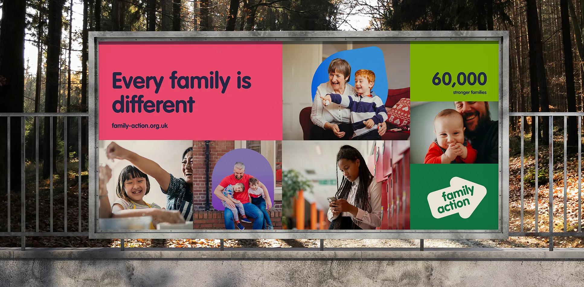 Family Action billboard showing a variety of families with the caption 'every family is different'