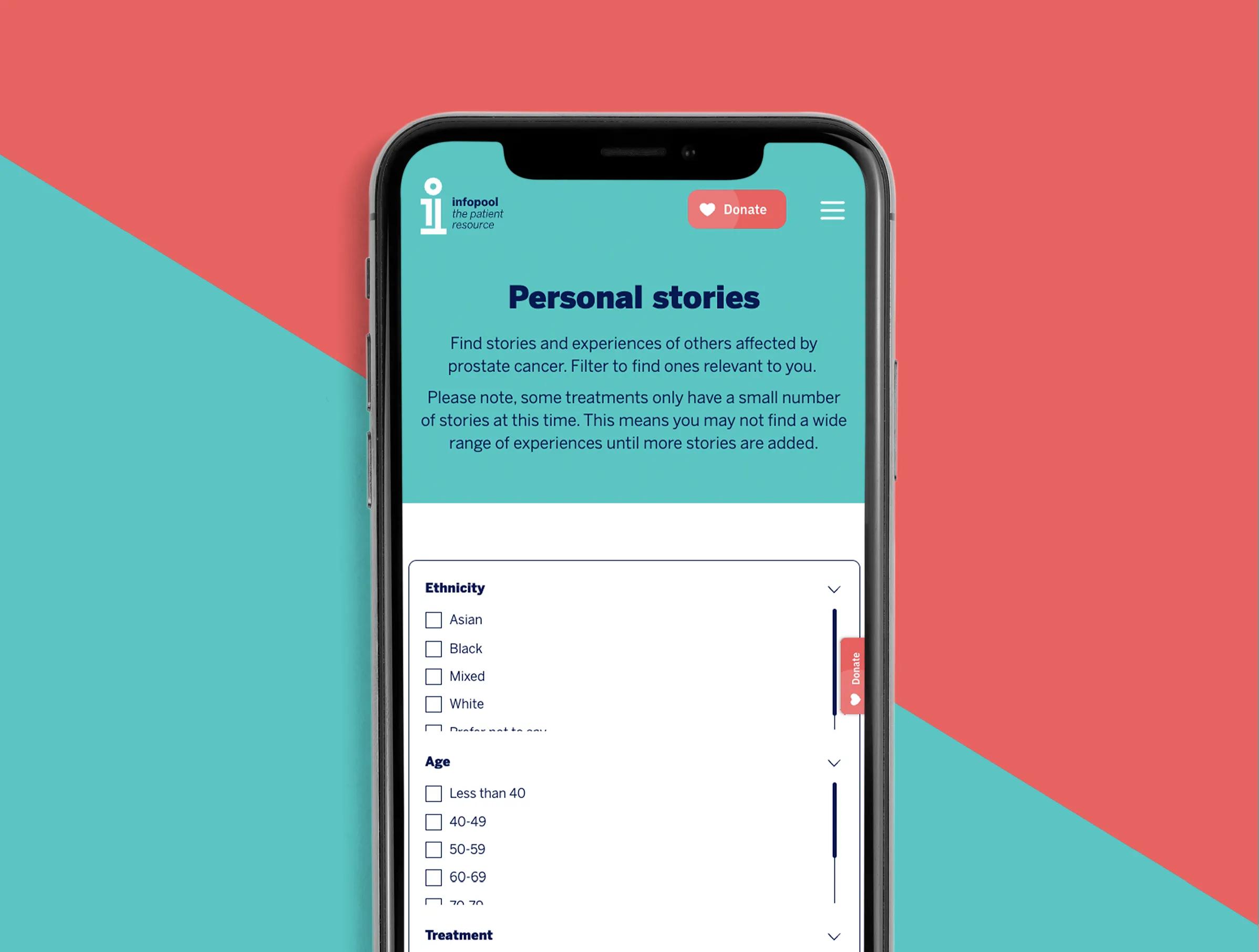 phone mockup showing the page about personal stories