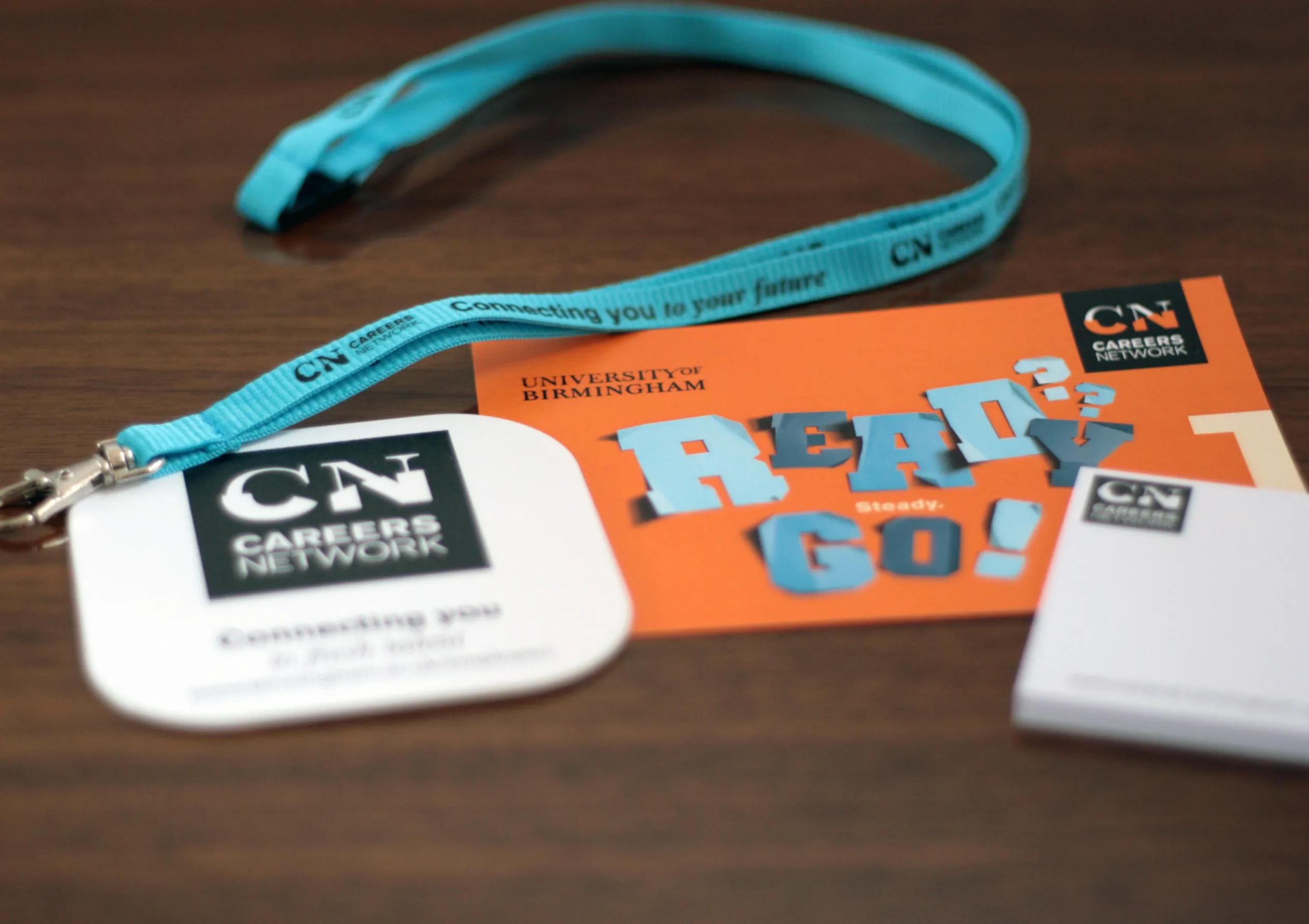 University of Birmingham careers network lanyard and flyer