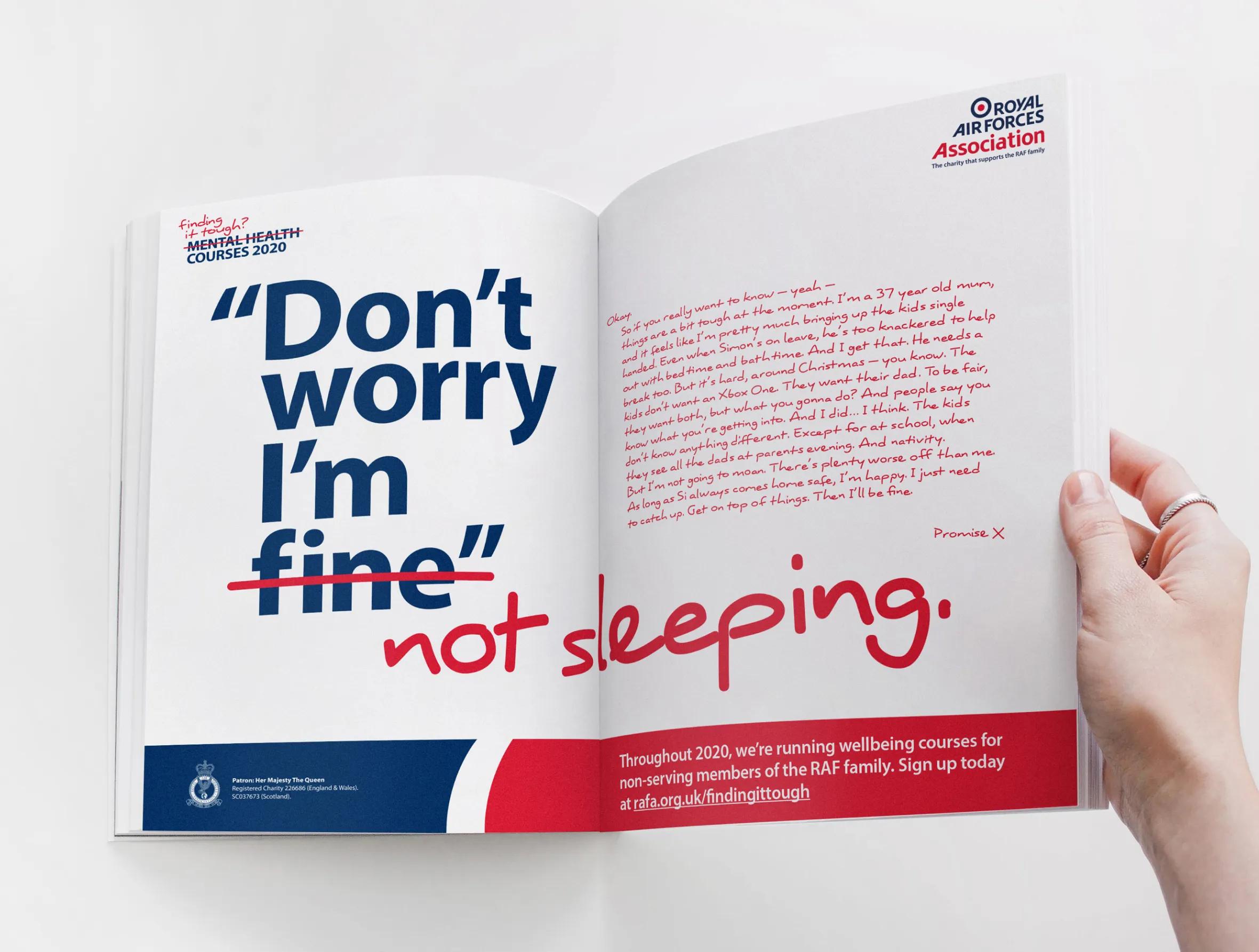 Booklet with the title 'Don't worry I'm fine' with fine crossed out and saying not sleeping