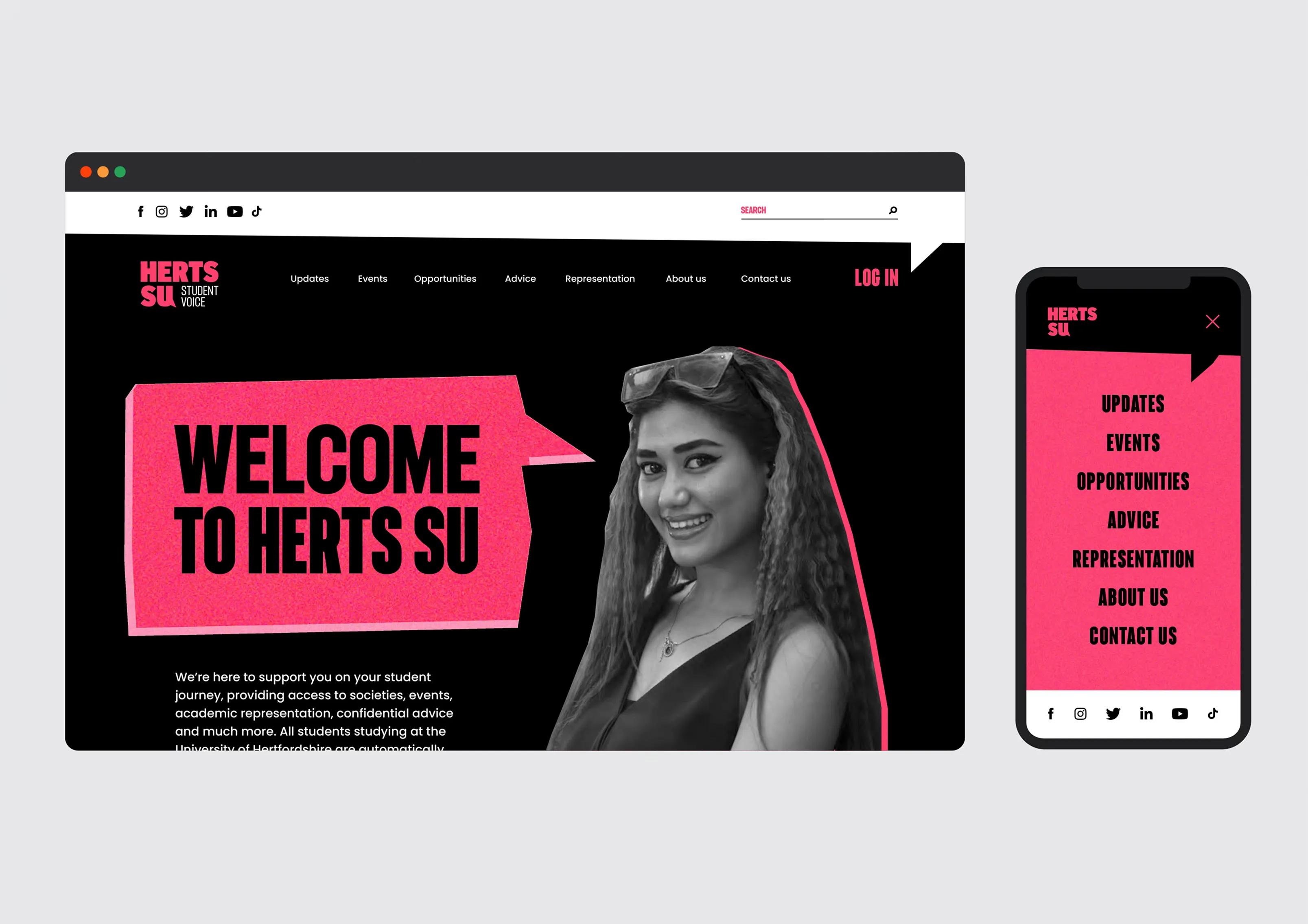 Website homepage displayed on desktop and menu displayed on mobile