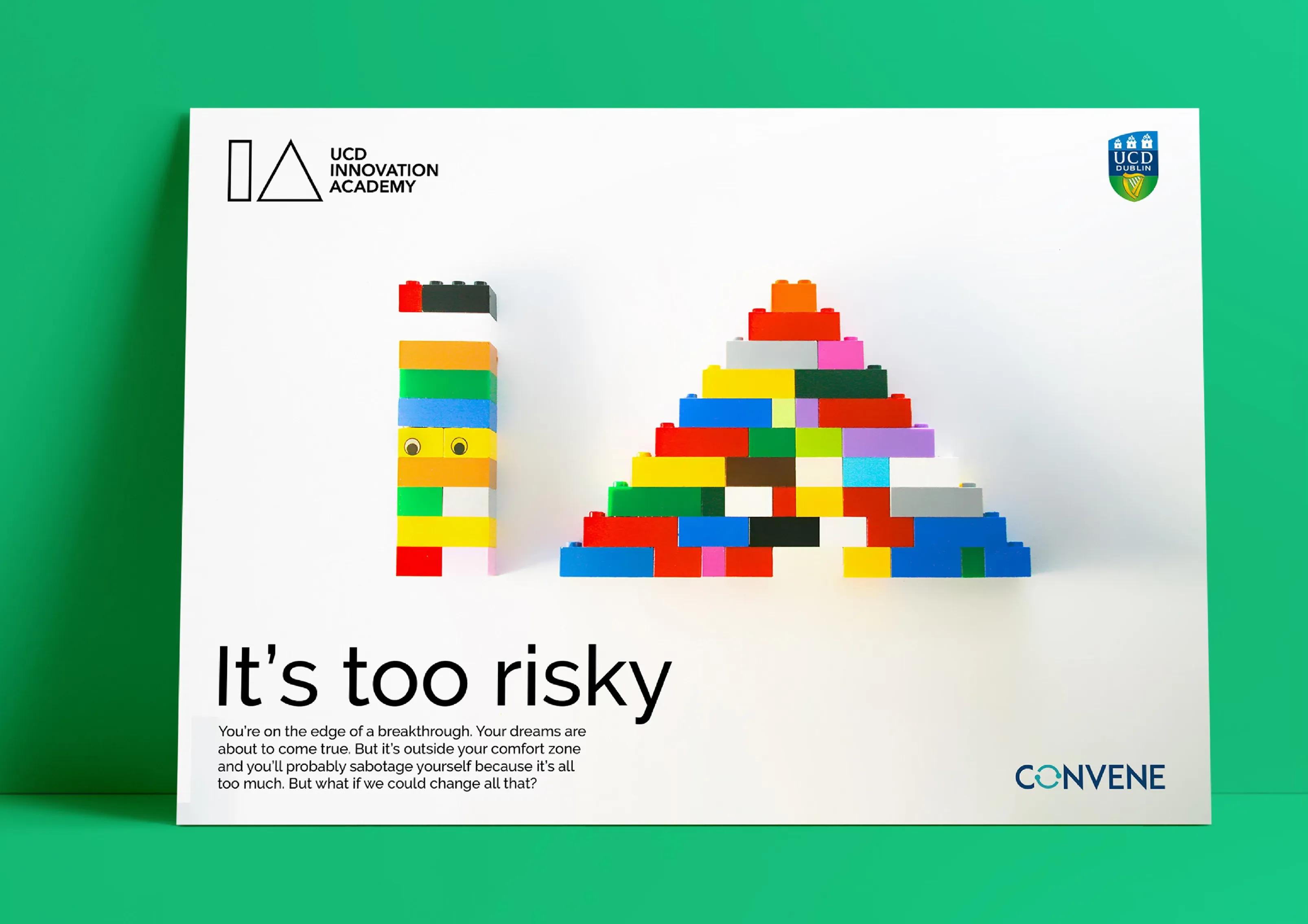 Postcard with the caption 'It's too risky'