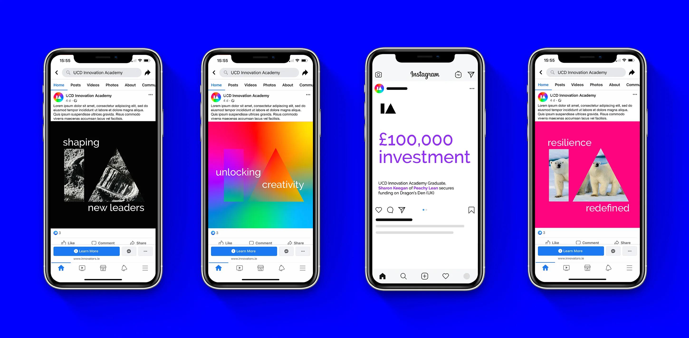 social media posts displayed on four phones
