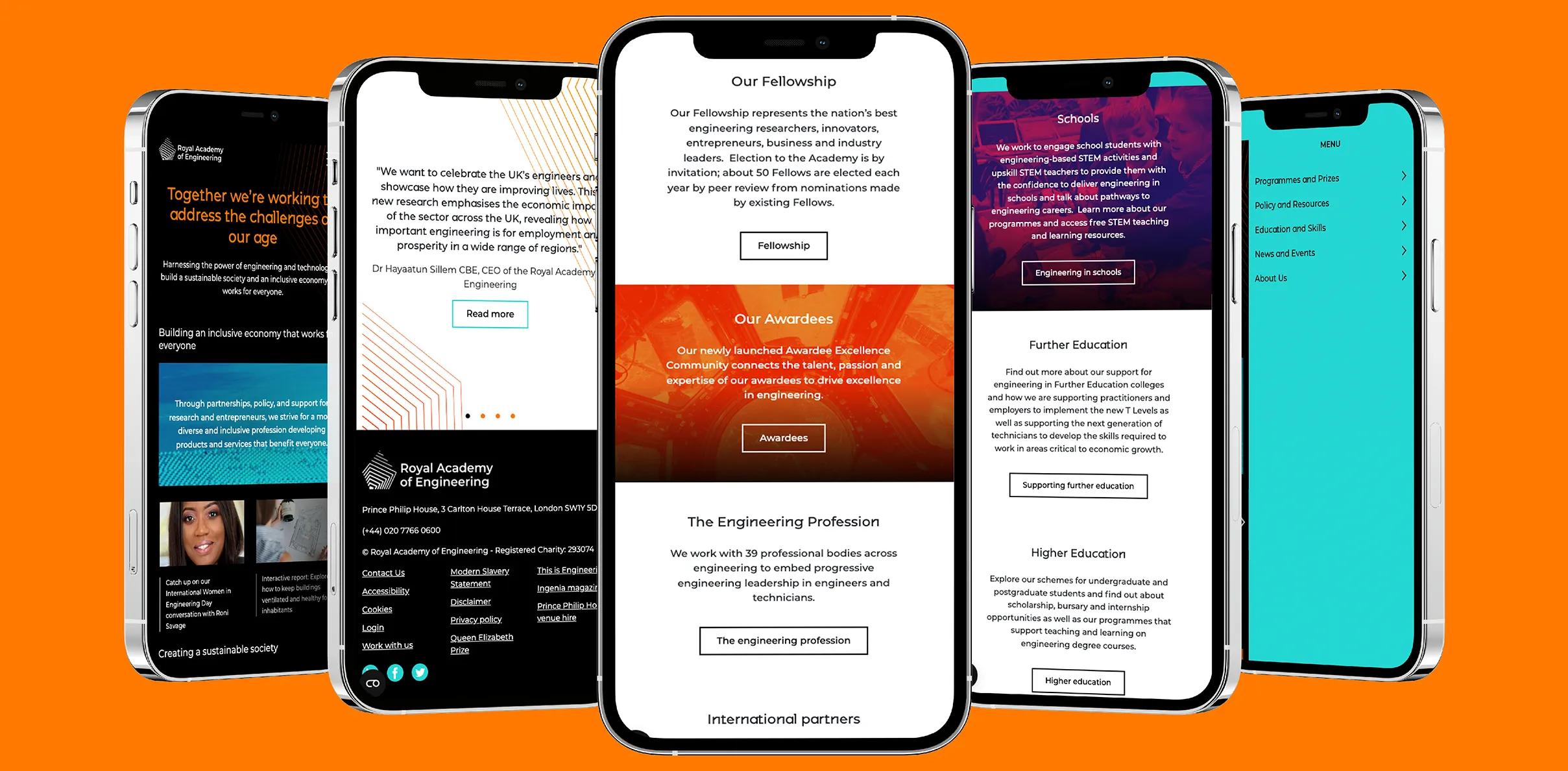 A series of phones showing the website