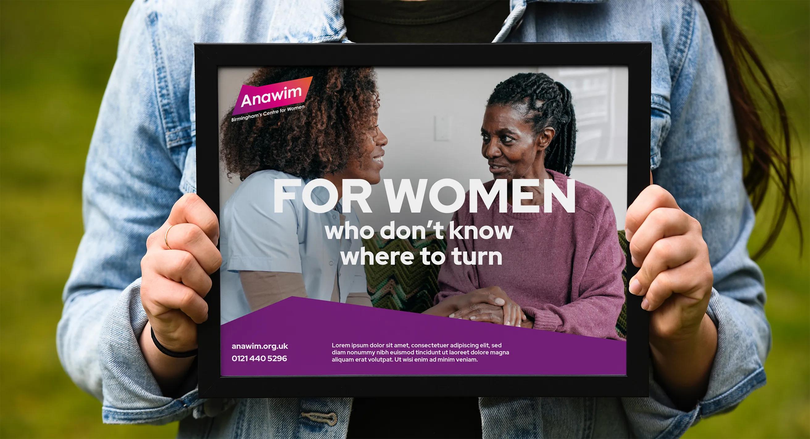 Framed postcard advertising for anawim with the caption 'for women who don't know where to turn'