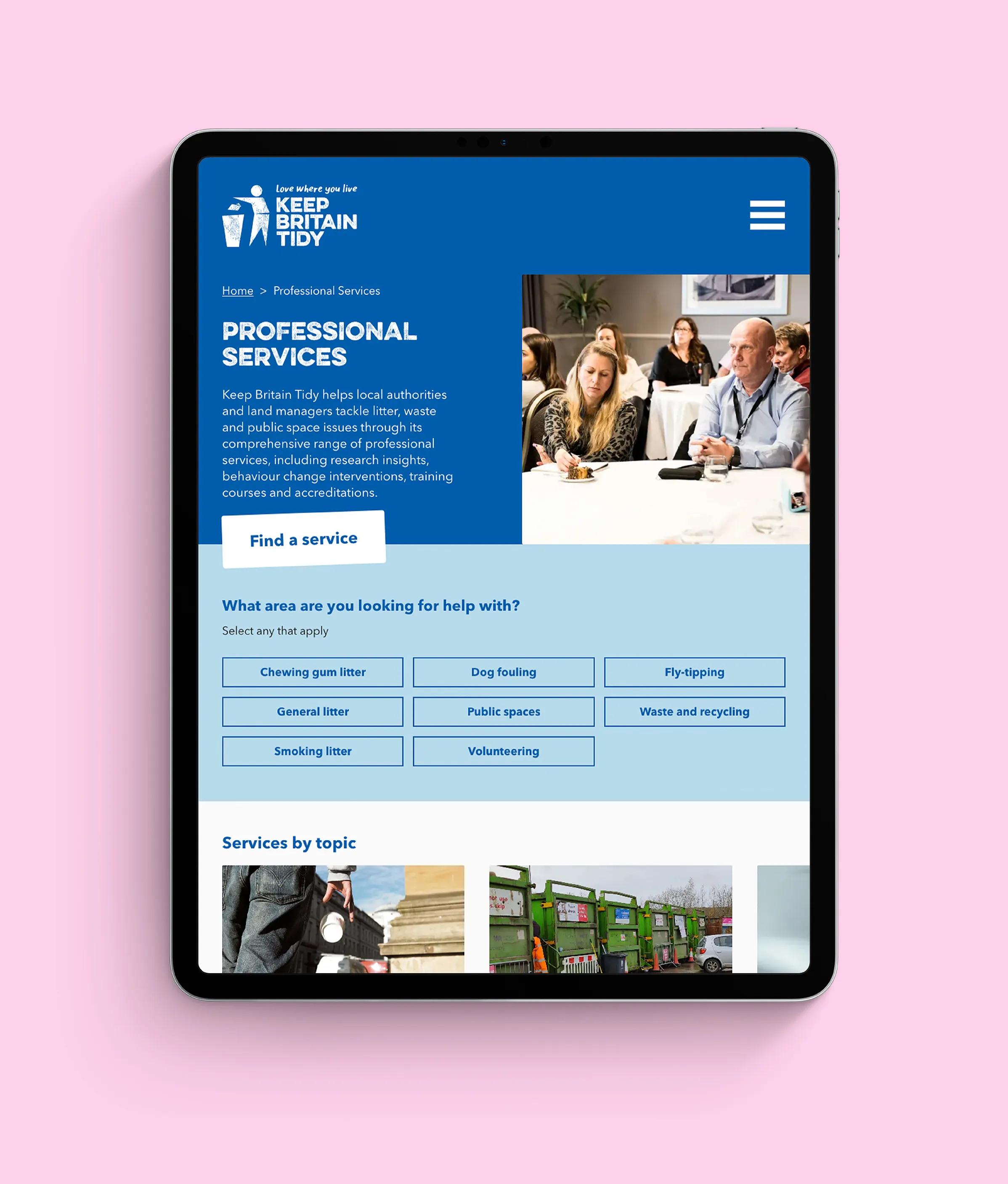 Website shown on an ipad