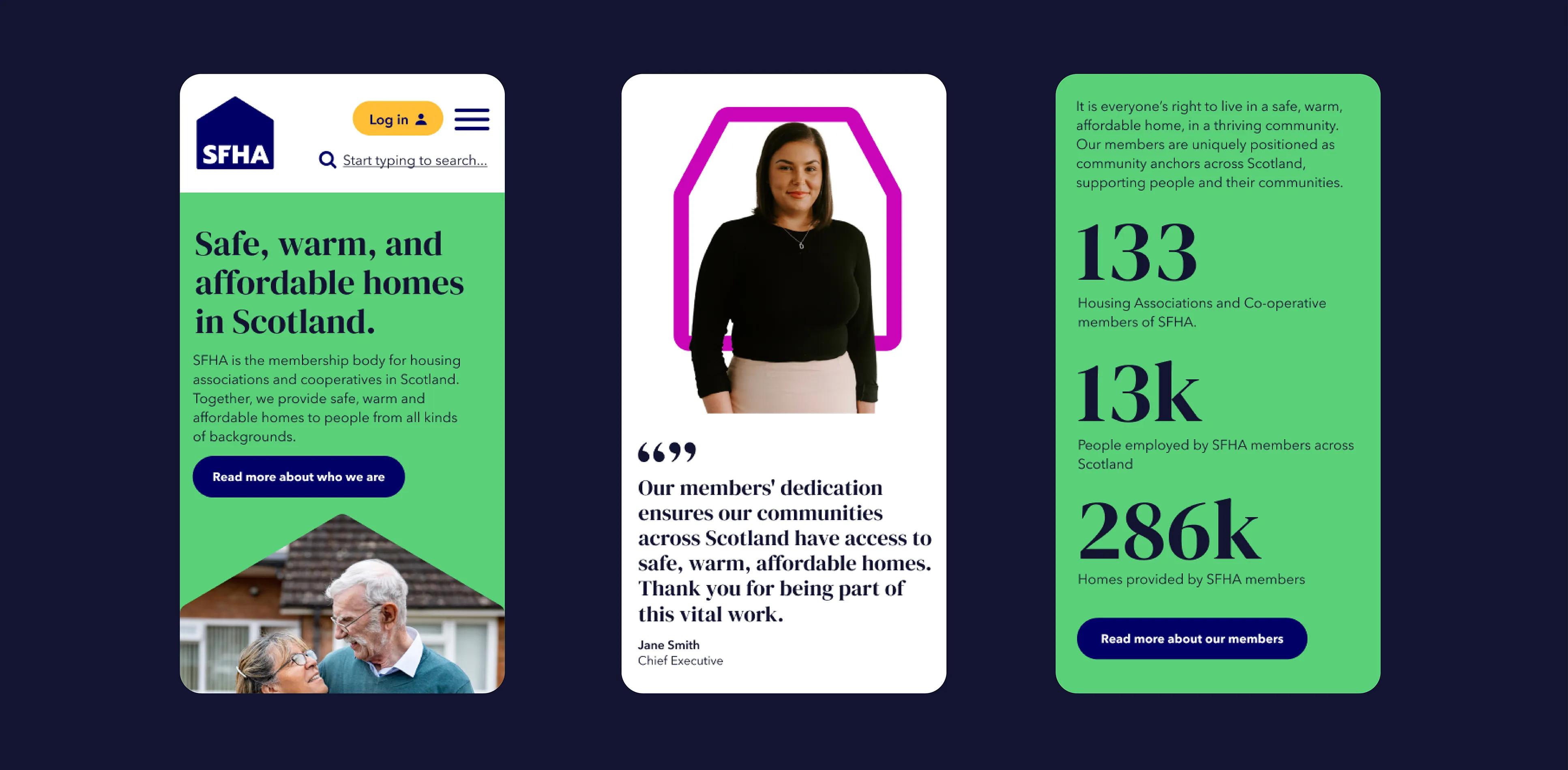 SFHA website displayed on three mobile pages 
