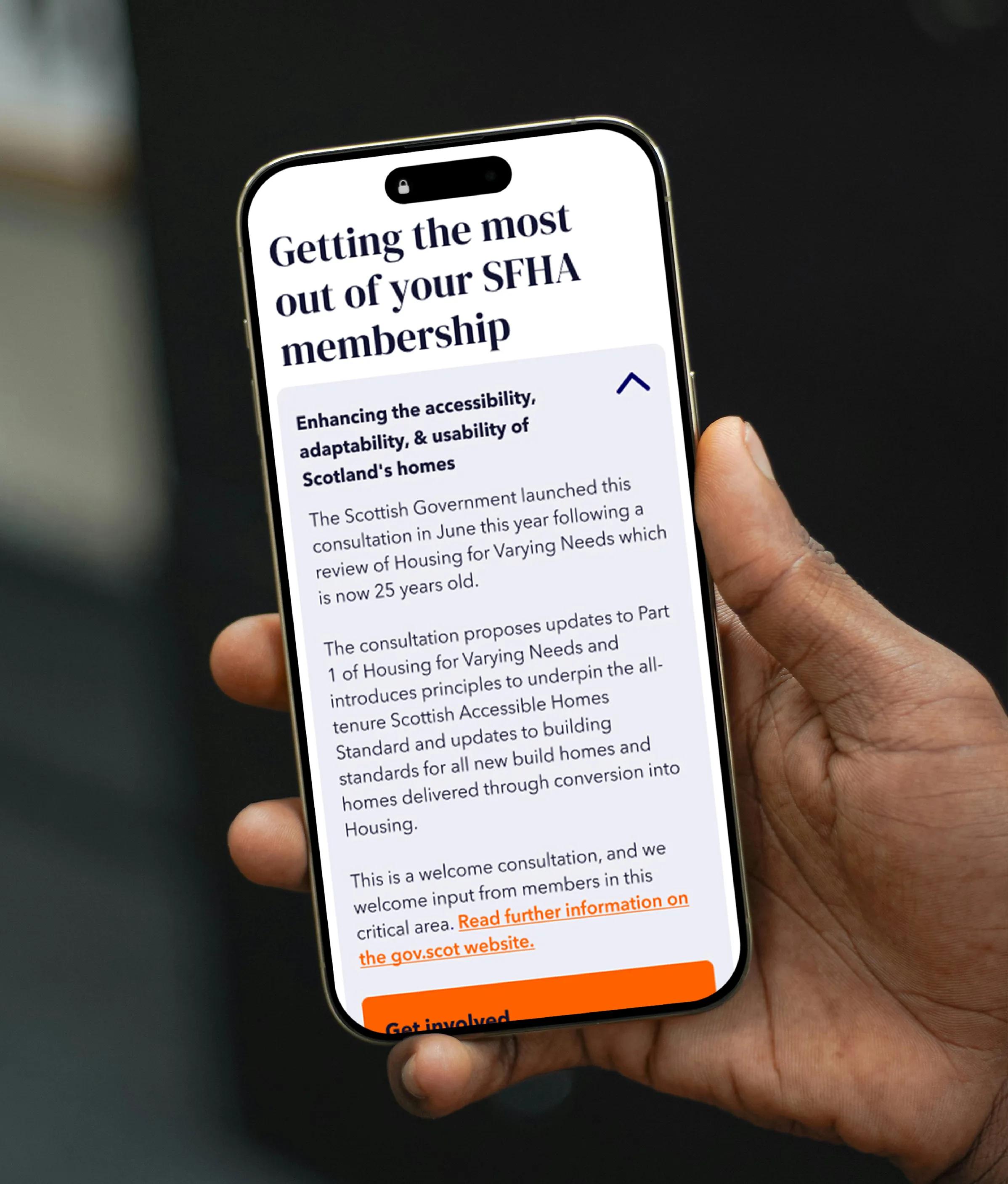 Information about SFHA membership displayed on a phone