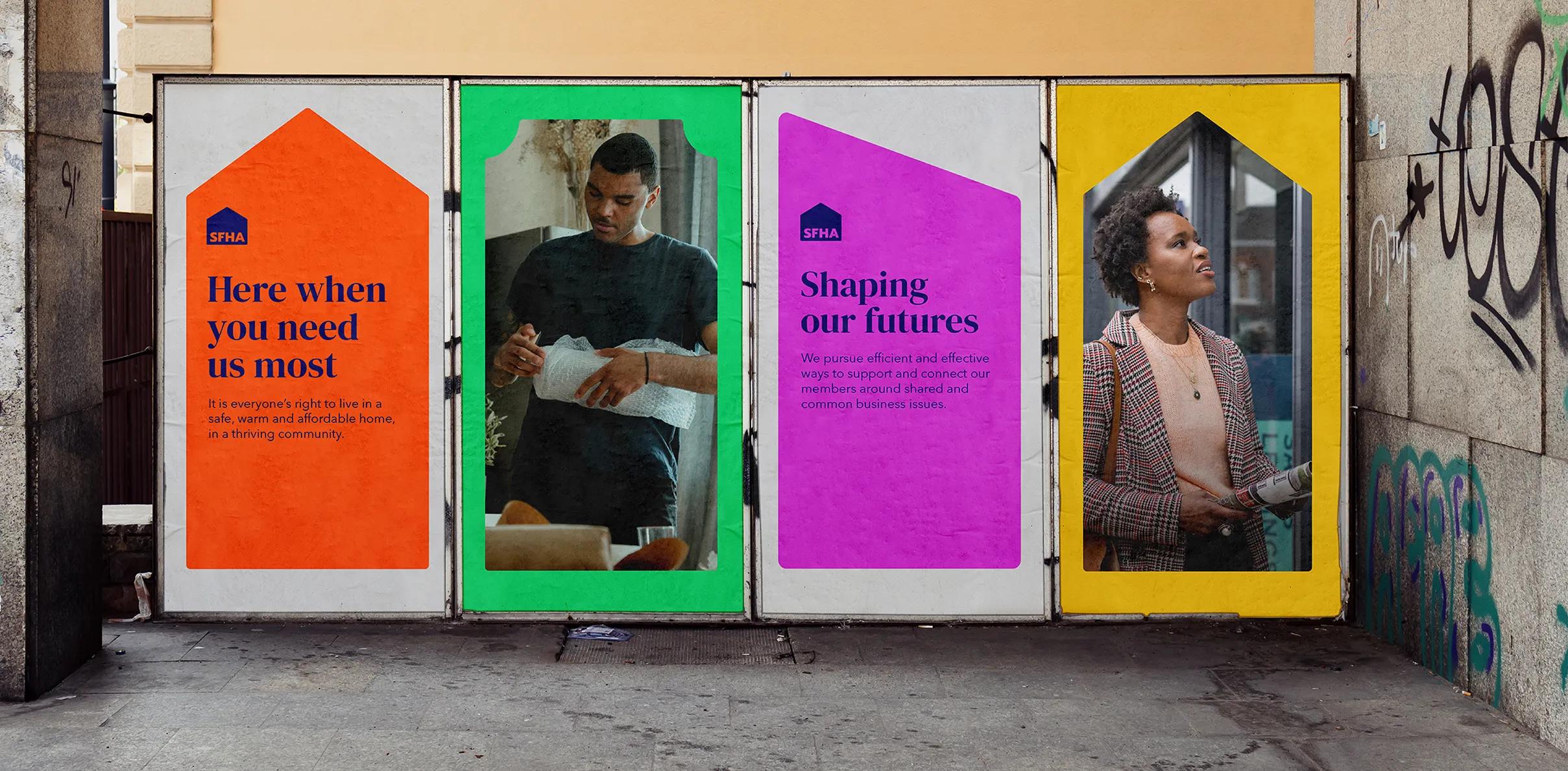 sfha brand displayed on a set of four urban posters