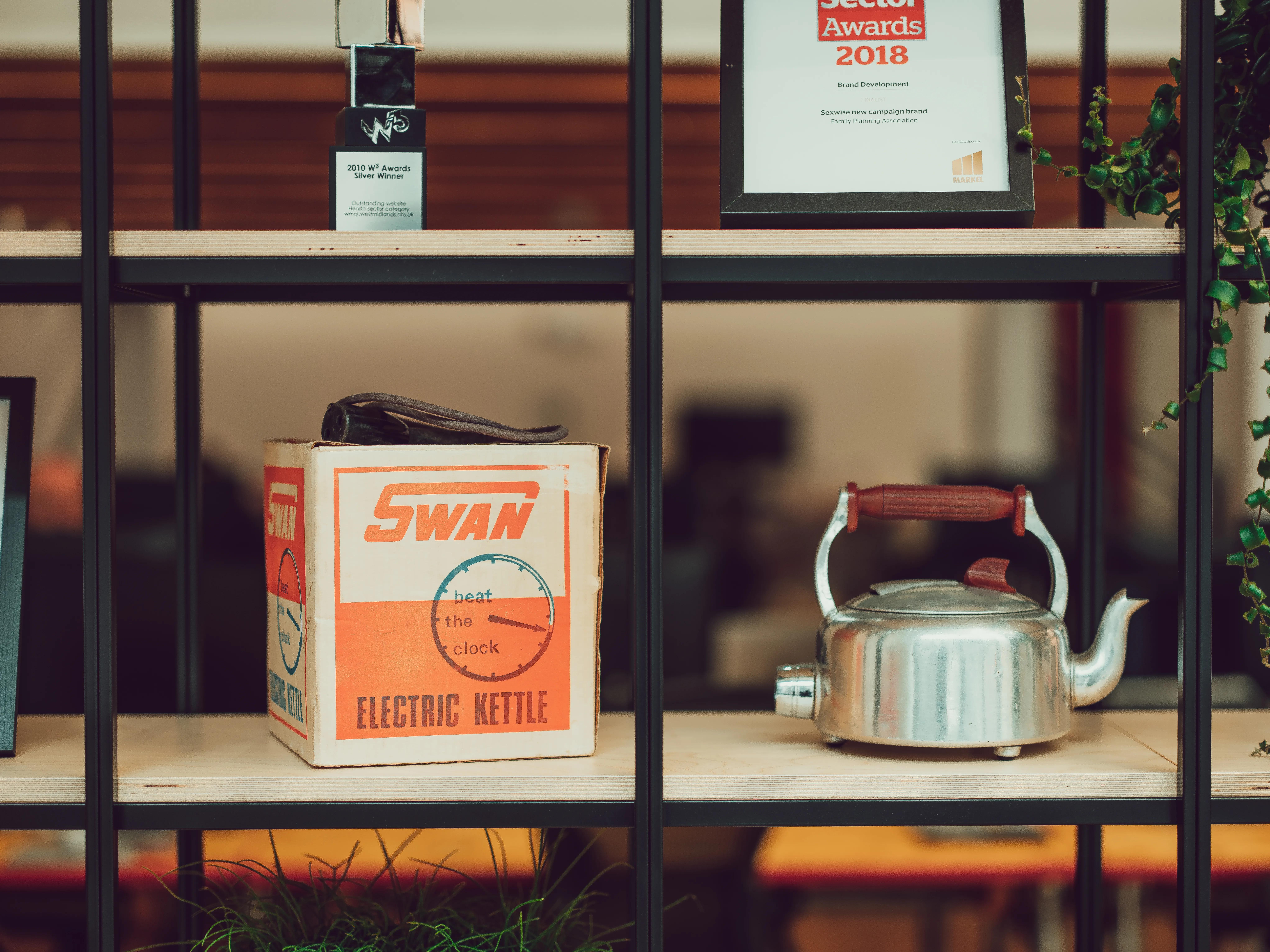 The office display showing kettle packaging