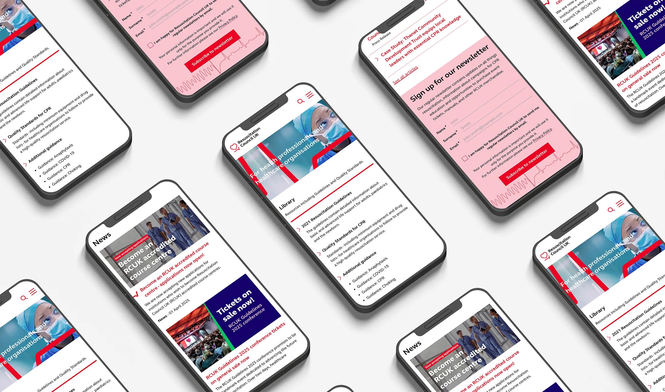 A set of mobile phones showing the resuscitation council uk website