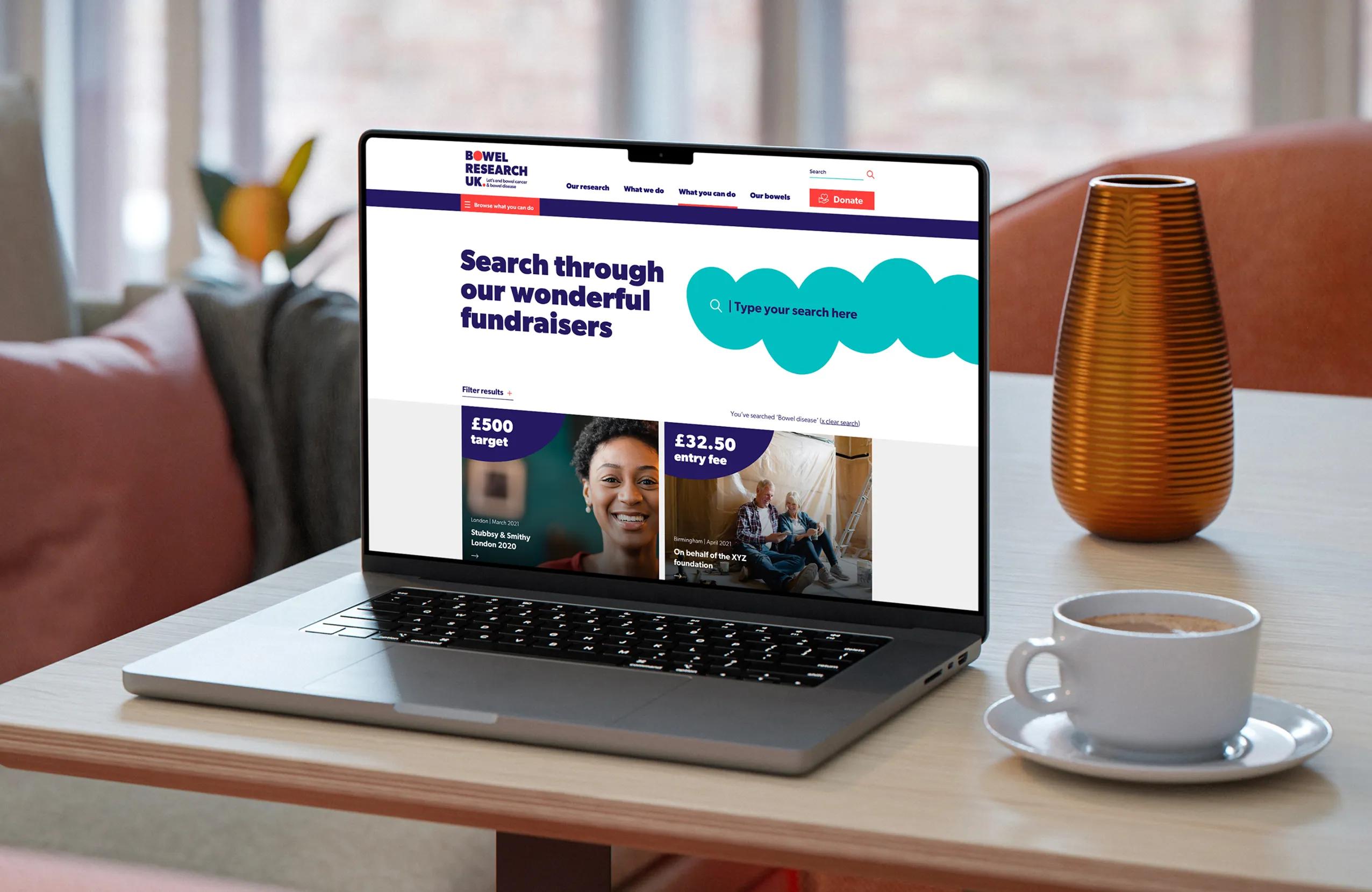 Bowel research uk landing page shown on a laptop