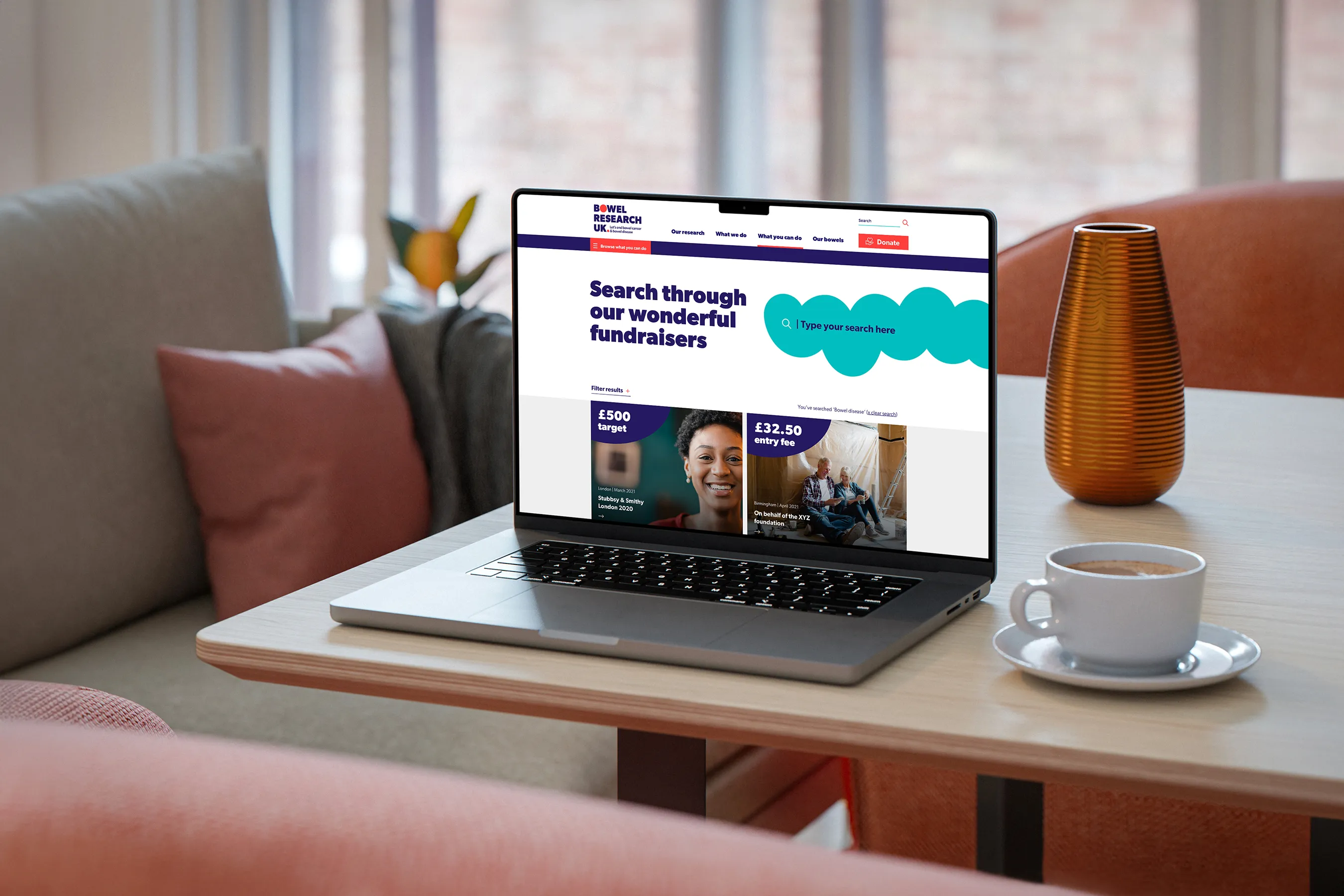 Bowel cancer landing page shown on a laptop