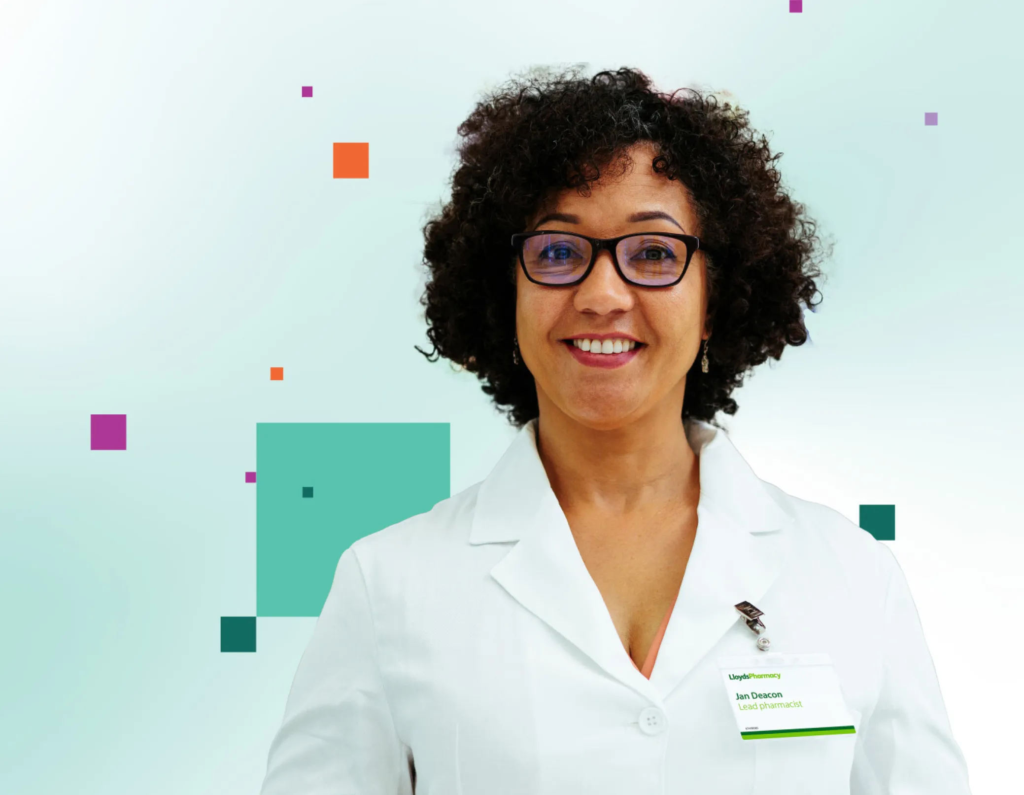 A pharmacist with a light green branded background
