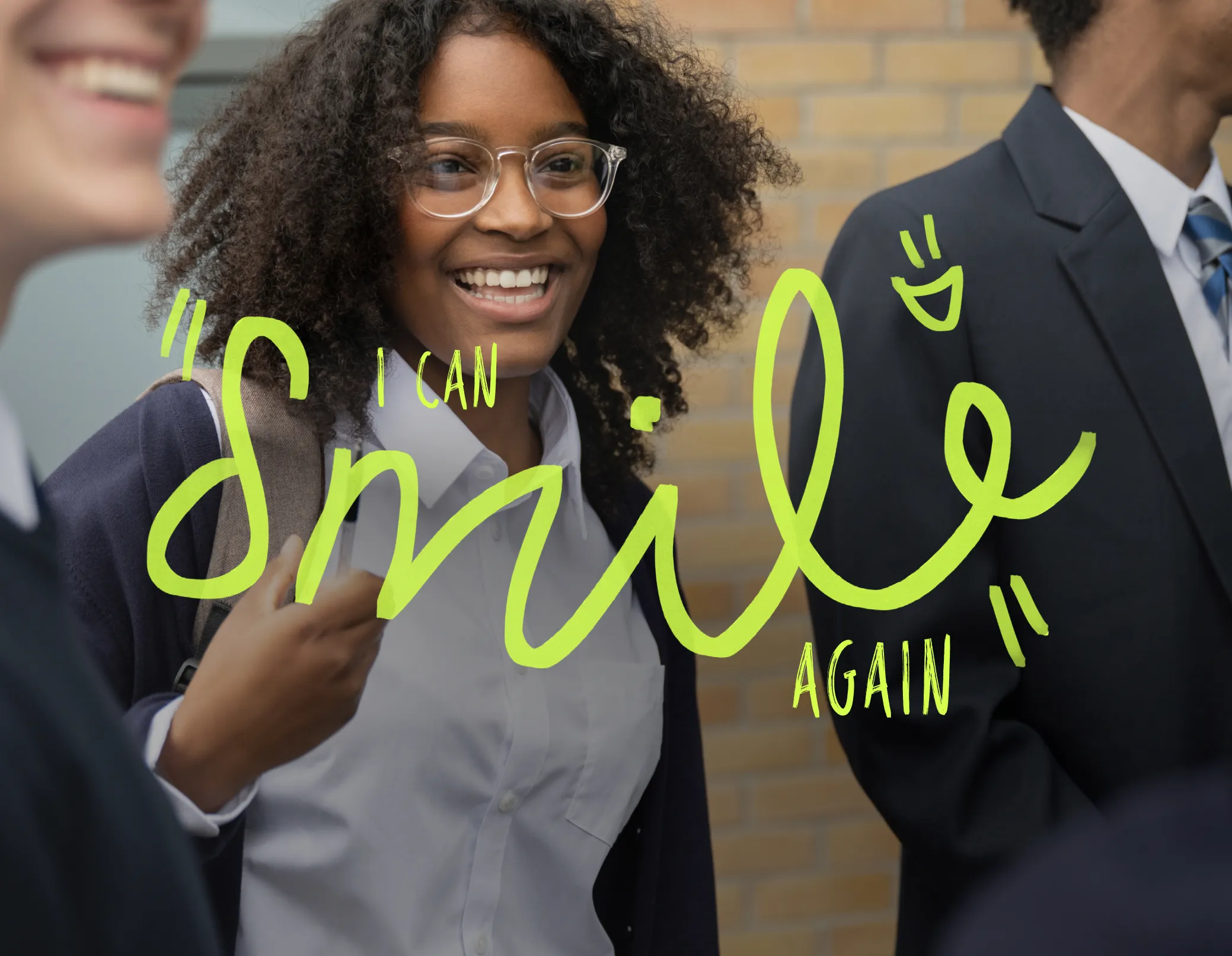 text 'i can smile again' in front of a picture of a girl in school uniform