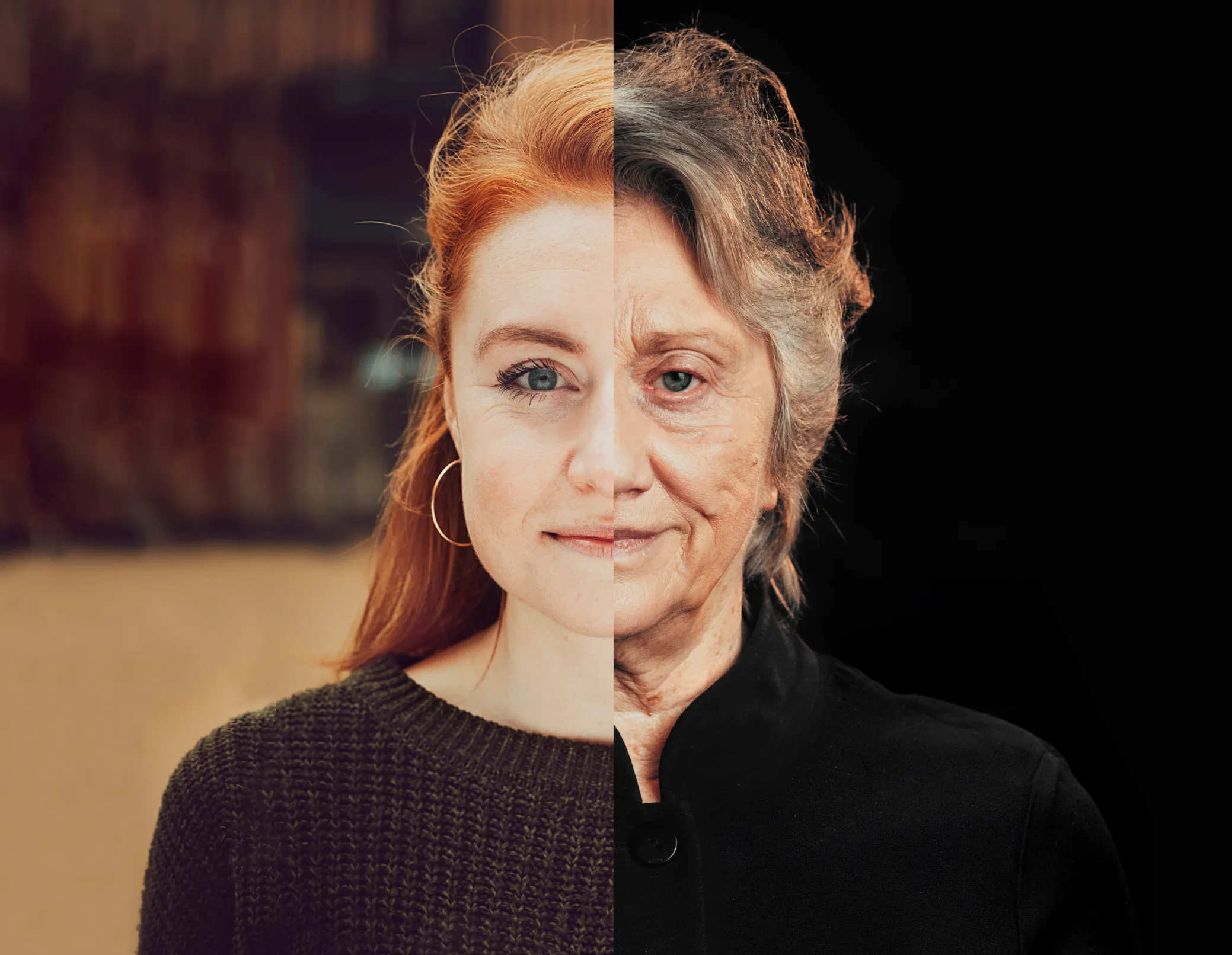 Photo split in half with the student on the left and the elderly version on the right