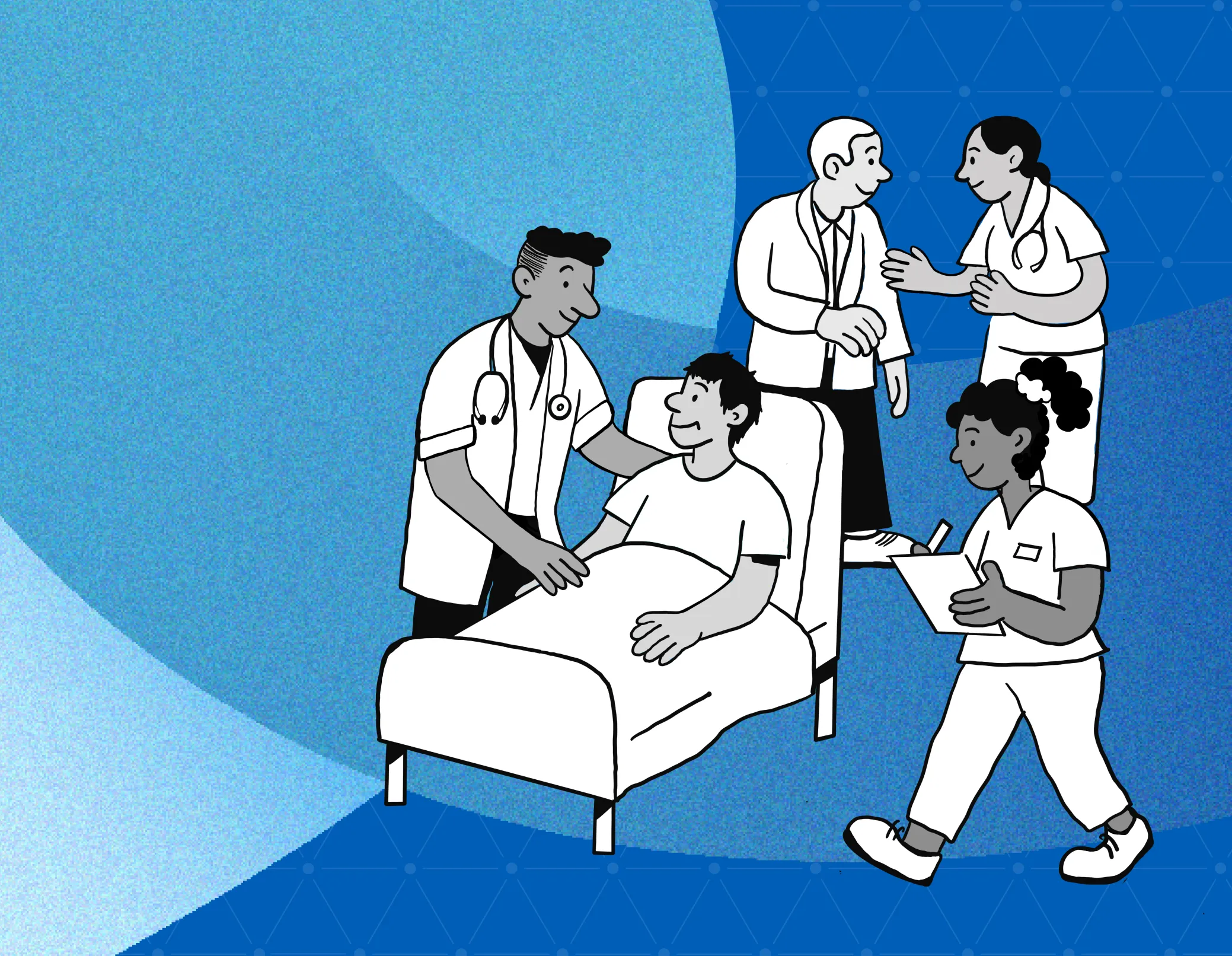 Illustration of patients and nurses on top of NHS blue background gradient